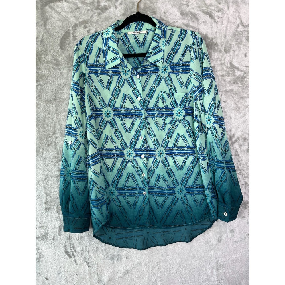 Daniel Rainn Button Down Blouse Womens 1X Teal Ombre Geometric Floral Abstract